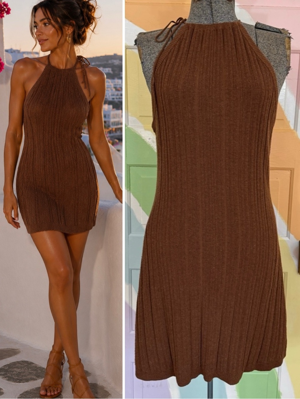 ASTR The Label Silk Blend Rib Knit Halter Mini Dress Chocolate Brown Sz L 💚🍄